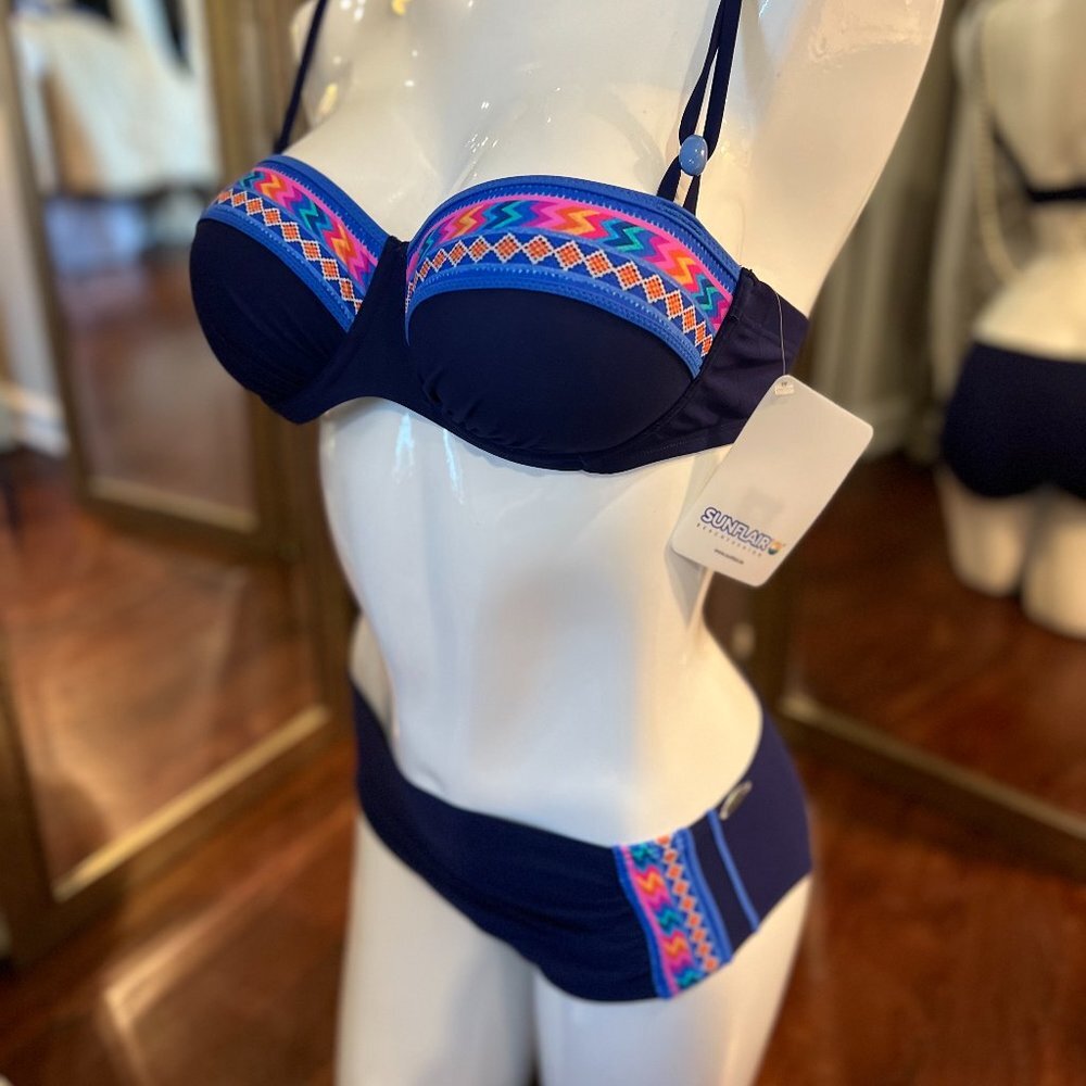 Sale! New Sunflair Aztack Bikini Set Blue With A Hint Of Color & Blue Beads Med
